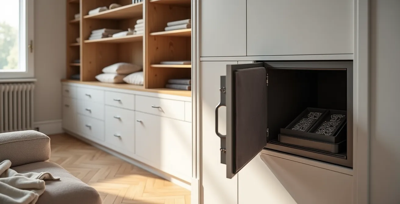 Intérieur épuré d'un dressing haut de gamme avec un coffre-fort encastré entrouvert laissant entrevoir des écrins de montres, dans un appartement parisien lumineux
