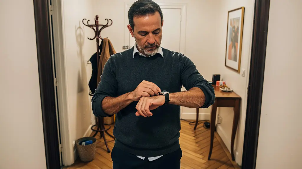 Propriétaire ajustant le fermoir intelligent de sa montre de luxe dans un intérieur parisien