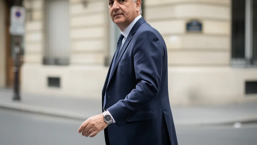 Cadre dirigeant portant une montre de luxe (fermoir intelligent Rolex) en marchant dans une rue parisienne