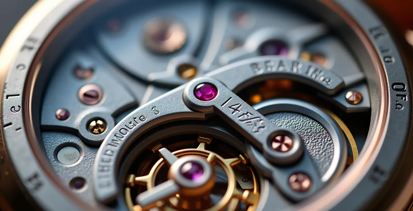 Vue macro extrême d'un mouvement de montre manufacture avec finitions côtes de Genève et composants dorés, illustrant la précision mécanique d'un joaillier devenu horloger