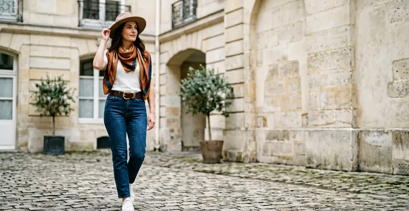 Femme élégante portant un jean avec des accessoires raffinés dans un cadre urbain parisien
