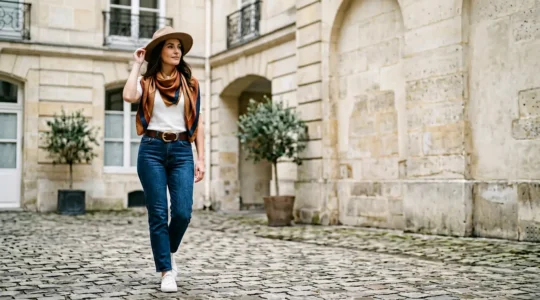 Femme élégante portant un jean avec des accessoires raffinés dans un cadre urbain parisien