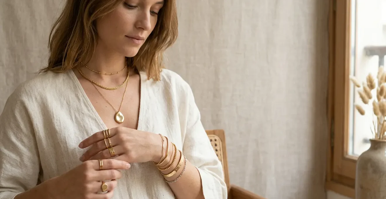 Composition élégante de bijoux dorés et argentés accumulés sur une silhouette féminine