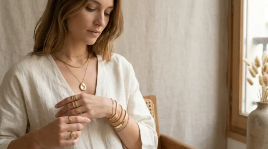 Composition élégante de bijoux dorés et argentés accumulés sur une silhouette féminine