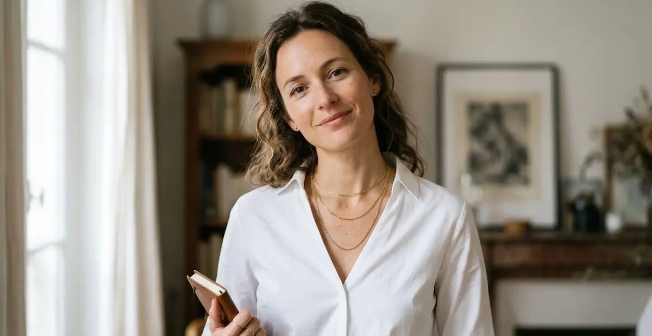 Femme portant une chemise blanche avec accumulation de colliers dorés