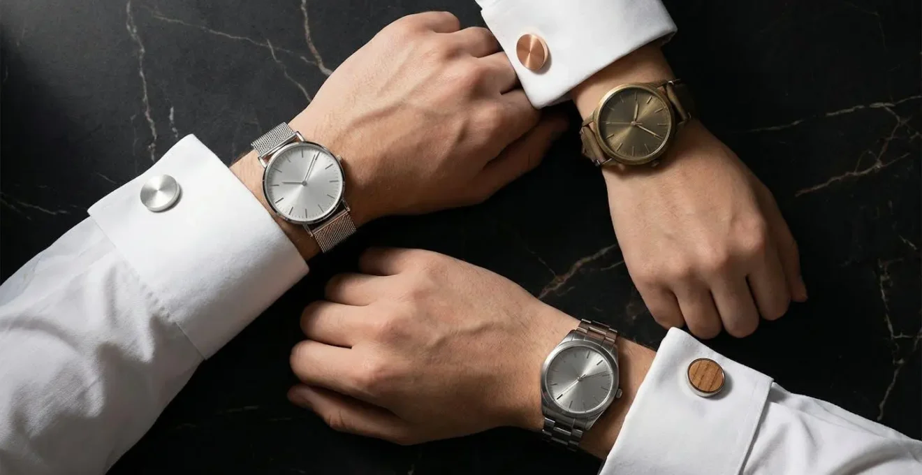 Composition harmonieuse de boutons de manchette et montres aux finitions métalliques variées