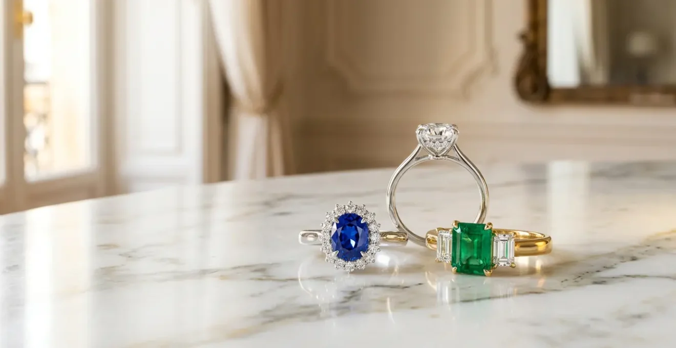 Composition de plusieurs bagues de fiançailles avec diamants et pierres de couleur sur fond élégant parisien