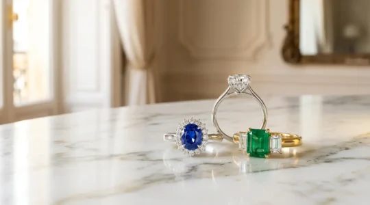 Composition de plusieurs bagues de fiançailles avec diamants et pierres de couleur sur fond élégant parisien