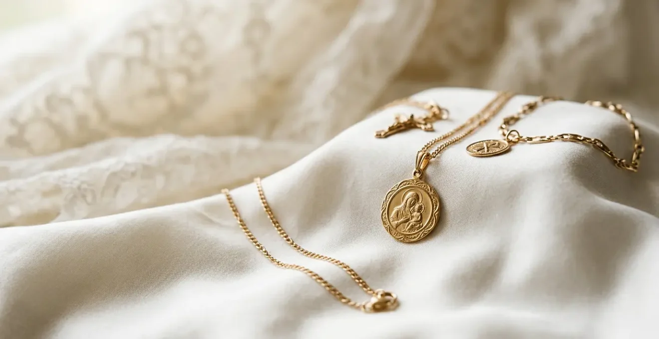 Médailles et chaînes de baptême dorées posées délicatement sur soie blanche avec lumière douce