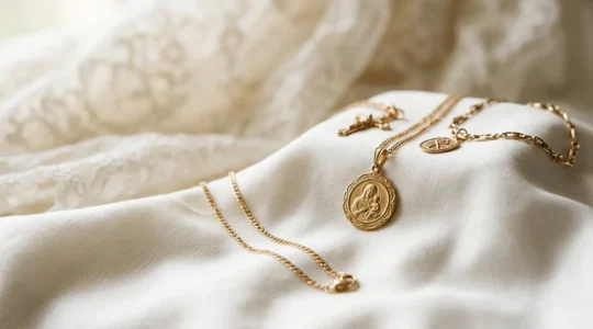 Médailles et chaînes de baptême dorées posées délicatement sur soie blanche avec lumière douce