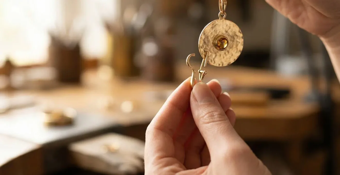 Gros plan sur une main délicate ajustant une bélière clip ouverte en or sur un pendentif