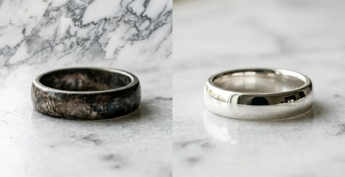 Comparaison côte à côte de deux bagues en argent 925, l'une oxydée et noircie, l'autre brillante et neuve