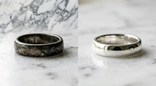 Comparaison côte à côte de deux bagues en argent 925, l'une oxydée et noircie, l'autre brillante et neuve