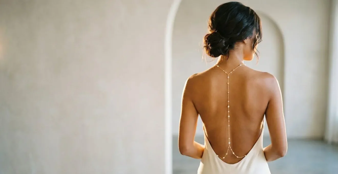 Dos nu féminin élégant avec bijou de dos cascadant le long de la colonne vertébrale