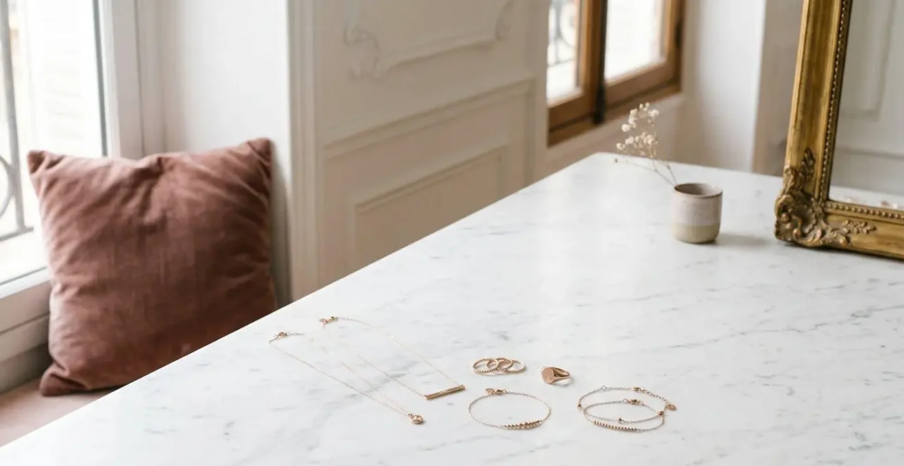 Composition minimaliste de bijoux en or rose sur fond de marbre blanc, lumière naturelle douce