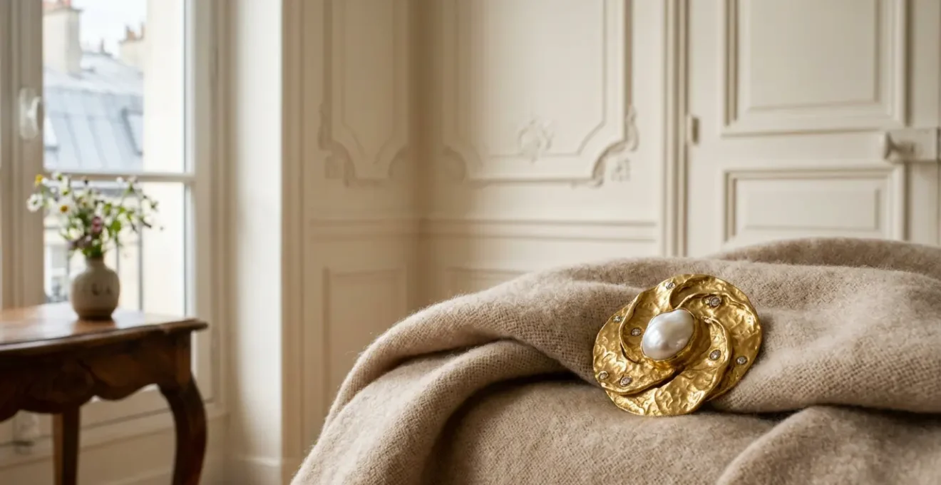 Une pièce de bijouterie élégante posée sur un tissu de cachemire dans un intérieur parisien minimaliste