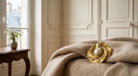 Une pièce de bijouterie élégante posée sur un tissu de cachemire dans un intérieur parisien minimaliste