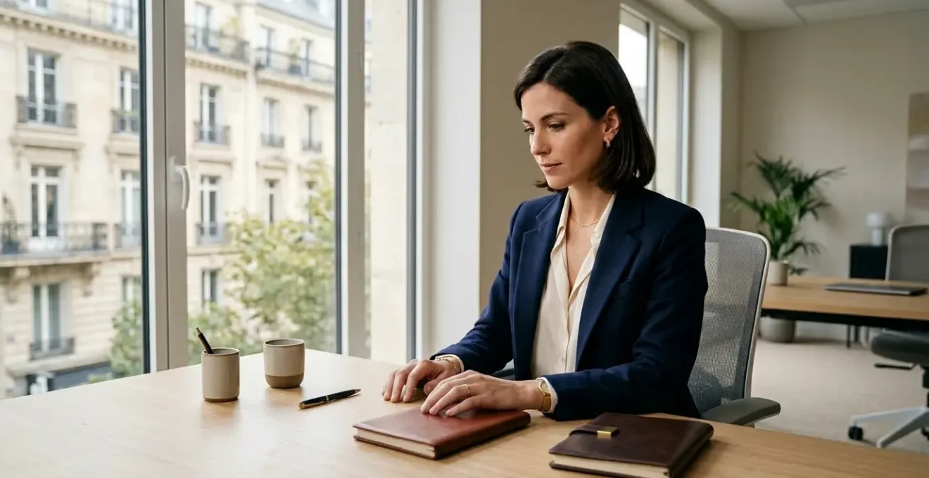 Femme professionnelle en tailleur travaillant à son bureau avec bijoux discrets et élégants