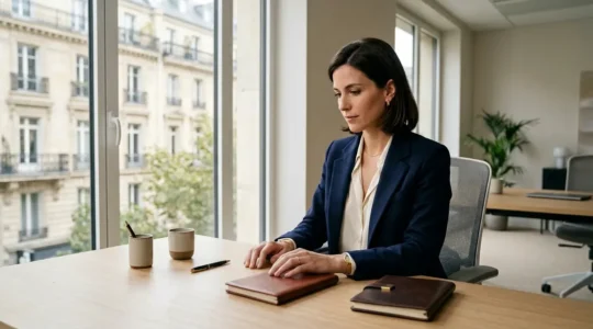 Femme professionnelle en tailleur travaillant à son bureau avec bijoux discrets et élégants