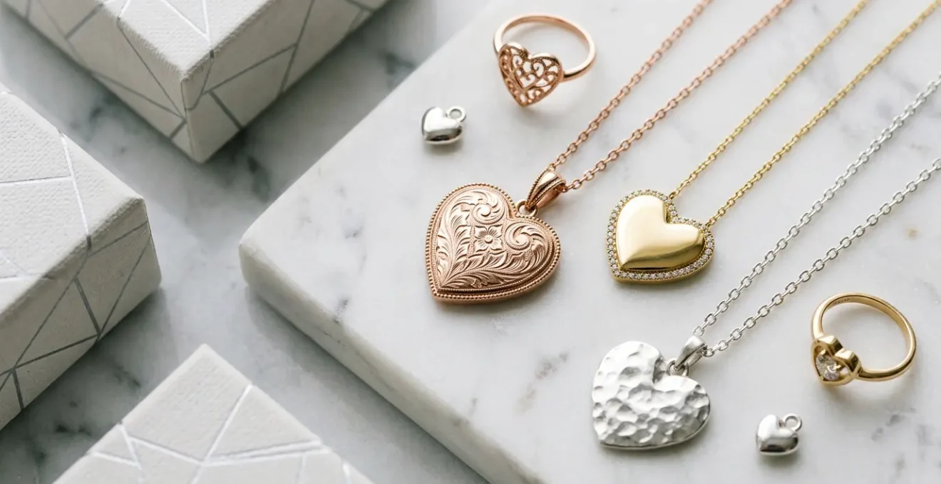 Composition élégante de bijoux cœurs dorés et roses sur surface de marbre