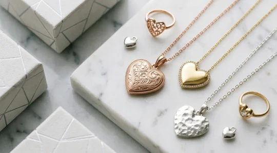 Composition élégante de bijoux cœurs dorés et roses sur surface de marbre