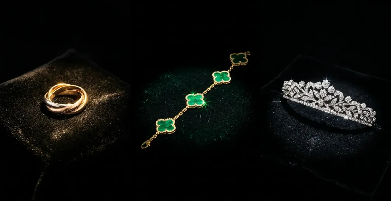 Collection de bijoux de haute joaillerie exposée sur plateau de velours noir avec bague Trinity Cartier, collier Alhambra Van Cleef et tiare Chaumet
