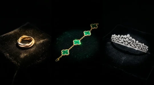 Collection de bijoux de haute joaillerie exposée sur plateau de velours noir avec bague Trinity Cartier, collier Alhambra Van Cleef et tiare Chaumet