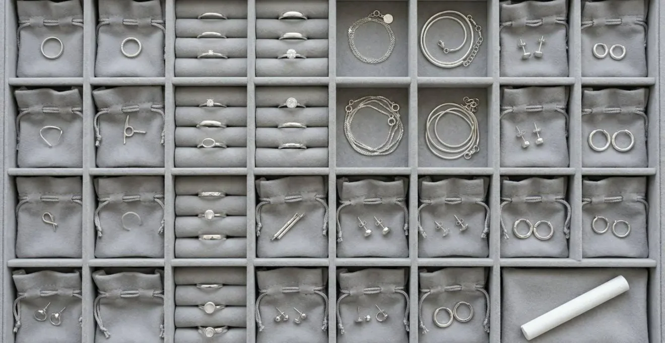 Intérieur d'une boîte à bijoux moderne avec compartiments, montrant des bijoux en argent rangés séparément et un bâton de craie blanche