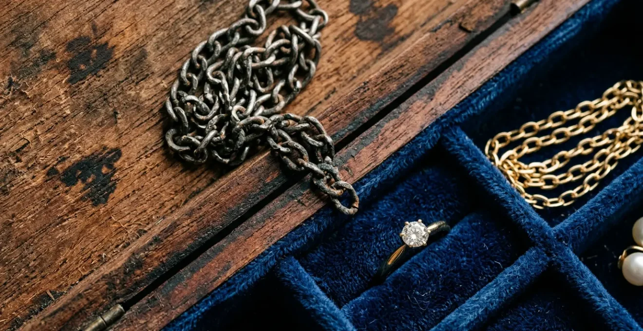 Gros plan sur l'intérieur d'une boîte à bijoux avec différents matériaux et des bijoux en argent et or