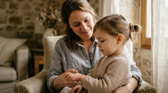 Portrait d'une petite fille souriante avec des boucles d'oreilles discrètes dorées, mise au point sur l'oreille