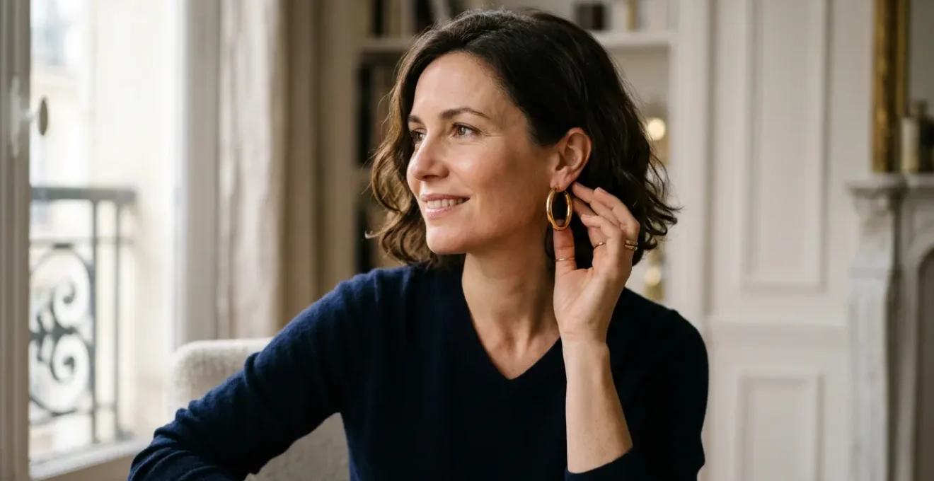 Portrait de femme au cou court portant des boucles d'oreilles créoles élégantes