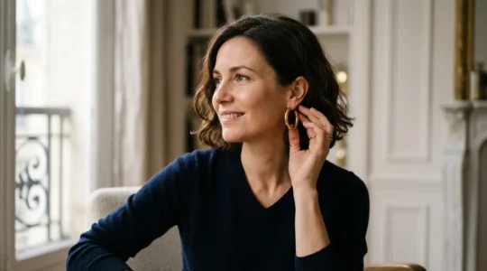 Portrait de femme au cou court portant des boucles d'oreilles créoles élégantes