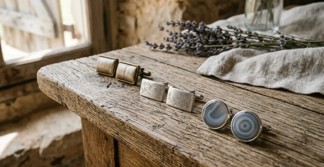 Boutons de manchette élégants posés sur une table en bois brut dans un cadre champêtre