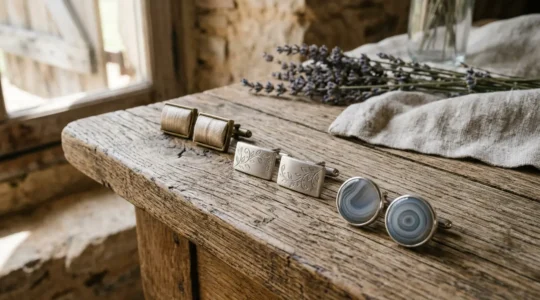 Boutons de manchette élégants posés sur une table en bois brut dans un cadre champêtre