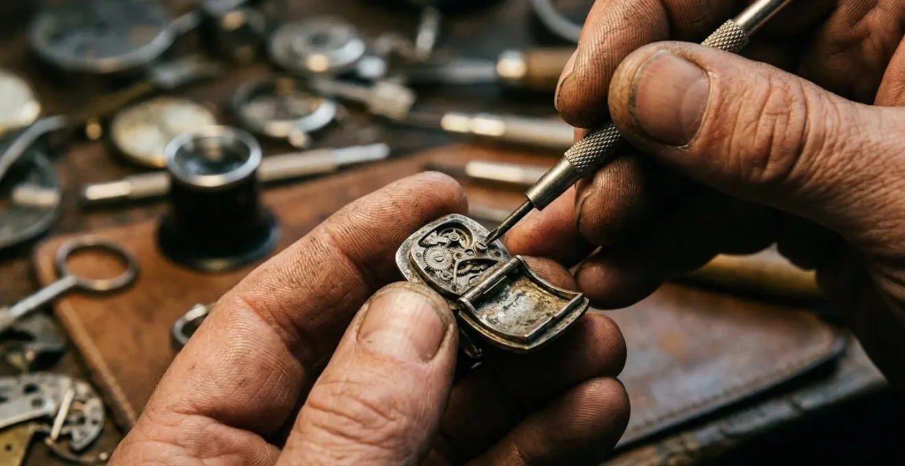 Mains d'artisan bijoutier travaillant sur la restauration de boutons de manchette anciens