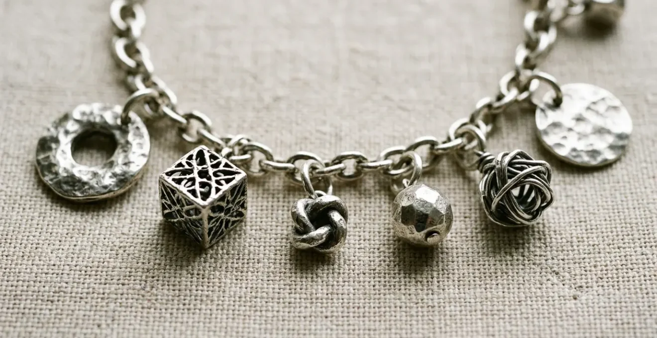 Composition équilibrée d'un bracelet à charms argenté sur surface neutre