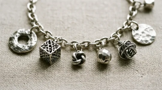 Composition équilibrée d'un bracelet à charms argenté sur surface neutre