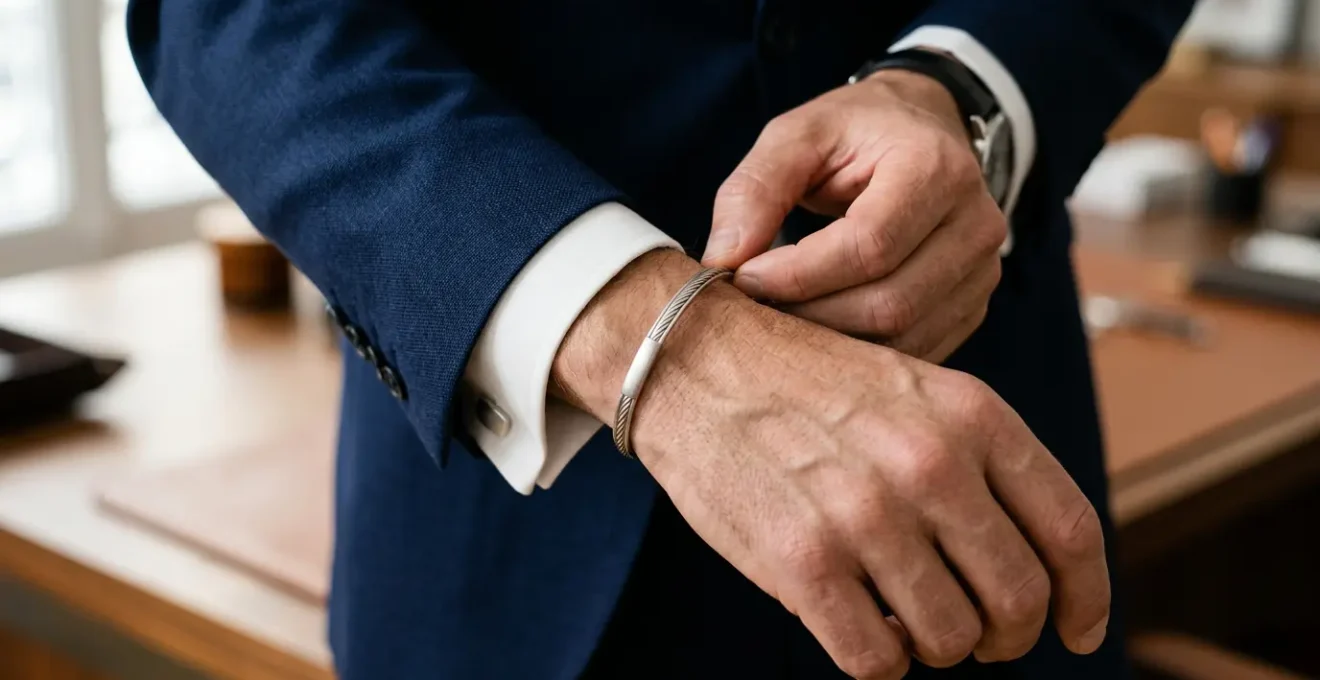 Homme élégant ajustant subtilement un bracelet discret en argent brossé avec un costume bien coupé