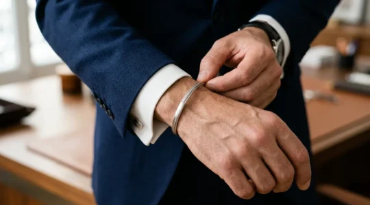 Homme élégant ajustant subtilement un bracelet discret en argent brossé avec un costume bien coupé