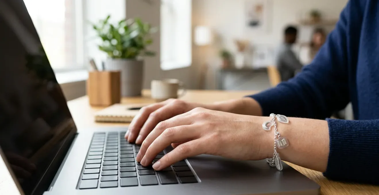 Femme professionnelle portant des breloques discrètes dans un environnement de bureau moderne