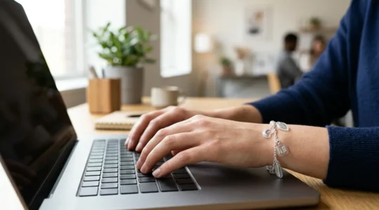 Femme professionnelle portant des breloques discrètes dans un environnement de bureau moderne