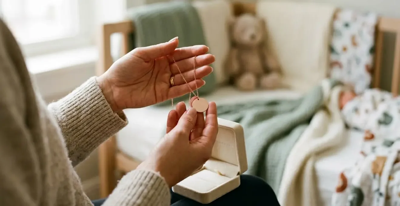 Mains féminines tenant délicatement un collier en or rose avec médaillon gravé, dans une ambiance douce et lumineuse