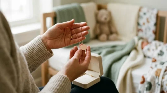 Mains féminines tenant délicatement un collier en or rose avec médaillon gravé, dans une ambiance douce et lumineuse