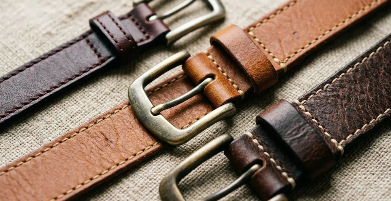 Détail de ceintures en cuir de différentes largeurs avec boucles artisanales