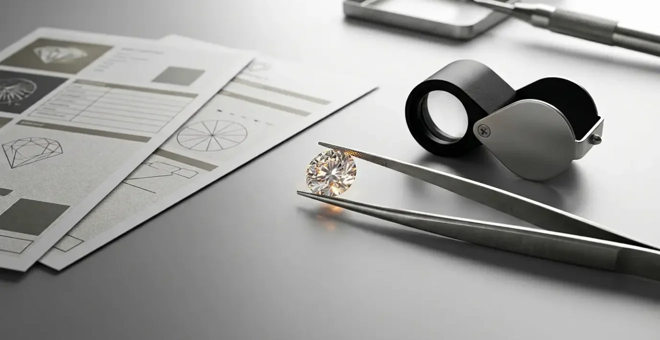 Comparaison professionnelle de certificats de diamants GIA et IGI avec une loupe de gemmologue et une pince à diamant sur fond neutre