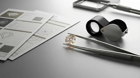 Comparaison professionnelle de certificats de diamants GIA et IGI avec une loupe de gemmologue et une pince à diamant sur fond neutre