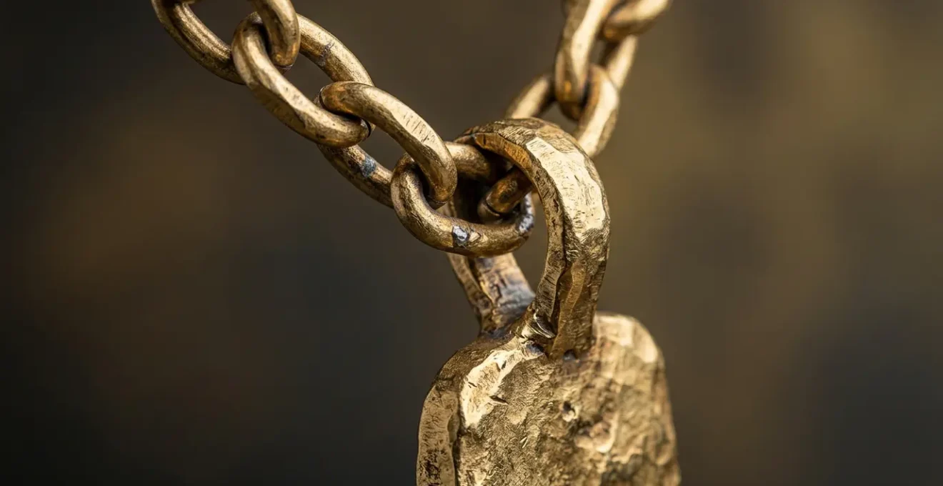 Vue macro d'une chaîne en or forçat supportant un pendentif lourd en pierre naturelle, montrant les détails de solidité de la maille