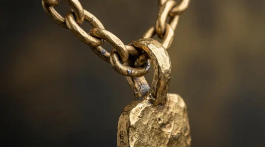 Vue macro d'une chaîne en or forçat supportant un pendentif lourd en pierre naturelle, montrant les détails de solidité de la maille