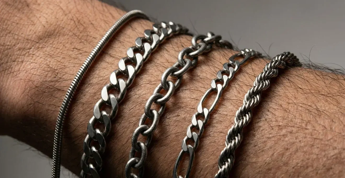 Comparaison détaillée de différents types de mailles de chaînes masculines sur peau
