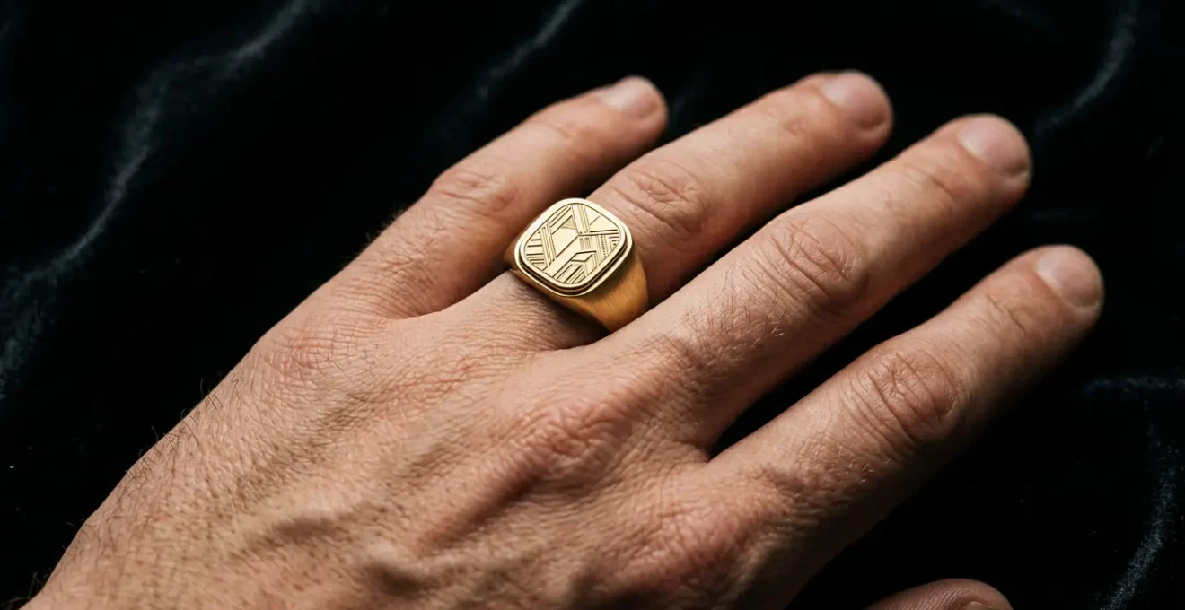 Gros plan sur une main masculine portant une chevalière moderne en or avec gravure géométrique contemporaine